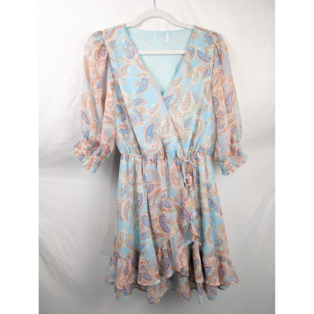 Floral Fairy Smocked Mini Wrap Dress Size‎ S Blue Paisley Ruffle Dainty Coquette - Picture 2 of 9